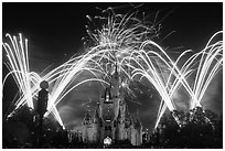 Night Fireworks, Cinderella Castle, Walt Disney World. Orlando, Florida, USA ( black and white)