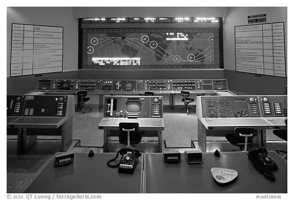 Control room, NASA, Kennedy Space Center. Cape Canaveral, Florida, USA (black and white)
