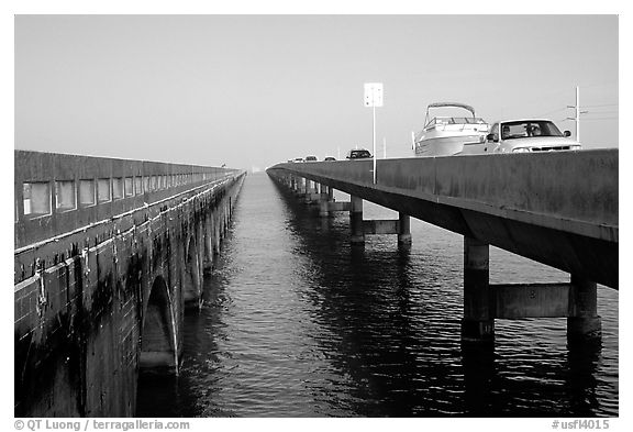 Abandonned and current Seven-mile bridges. The Keys, Florida, USA (black and white)