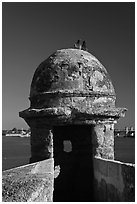 Fortified Turret, pigeons, and Matanzas Bay, Castillo de San Marcos National Monument. St Augustine, Florida, USA ( black and white)
