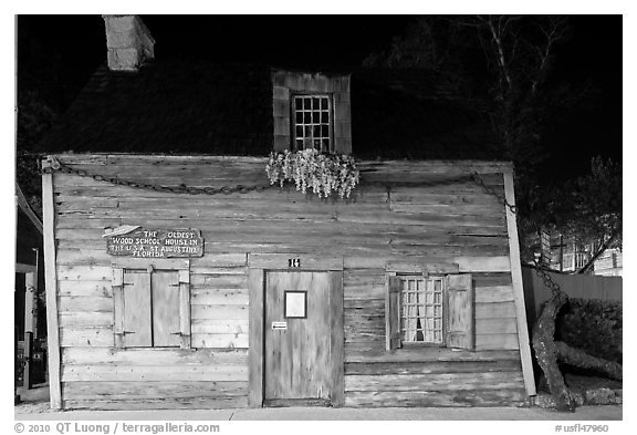 Facade of oldest wooden school house in the US by night. St Augustine, Florida, USA