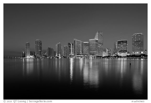 Downtown skyline at night, Miami. Florida, USA (black and white)