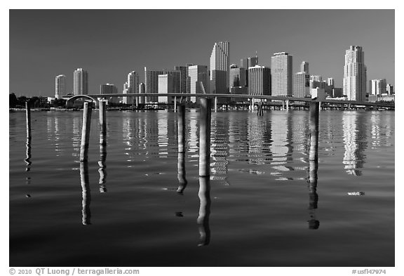 Bridge, pillings, and downtown skyline, Miami. Florida, USA (black and white)