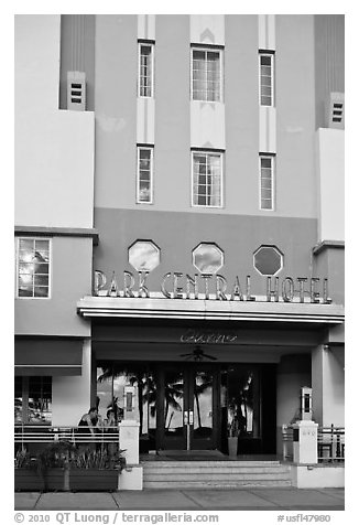 Entrance of Park Central Hotel in Art Deco architecture, Miami Beach. Florida, USA (black and white)