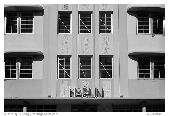 Detail of Art Deco Facade, Miami Beach. Florida, USA (black and white)