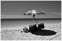 Beach umbrella and turquoise water, Bahia Honda State Park. The Keys, Florida, USA (black and white)
