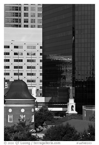 Church and downtown high rise buildings. Orlando, Florida, USA (black and white)