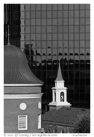 White steepled Church and glass building. Orlando, Florida, USA (black and white)