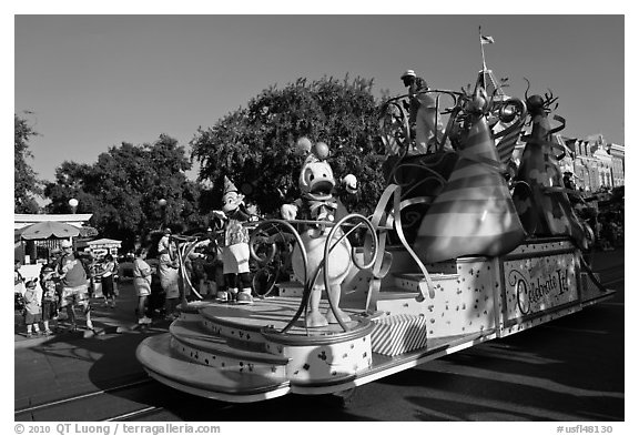 Float with Disney characters on Main Street. Orlando, Florida, USA (black and white)