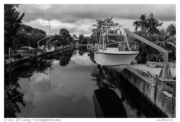 Yachts and canal, Big Pine Key. The Keys, Florida, USA (black and white)
