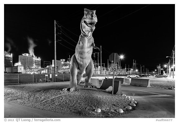 Dinosaur at night, Turkey Point Nuclear power plant. Florida, USA (black and white)