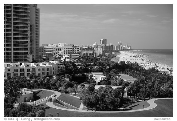 Miami Beach south end and beach. Florida, USA (black and white)