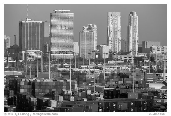 Shipping containers and skyline, Port of Miami. Florida, USA (black and white)