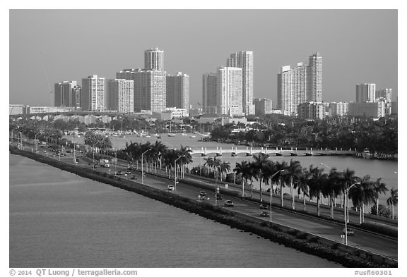 Causeway and Miami skyline. Florida, USA (black and white)