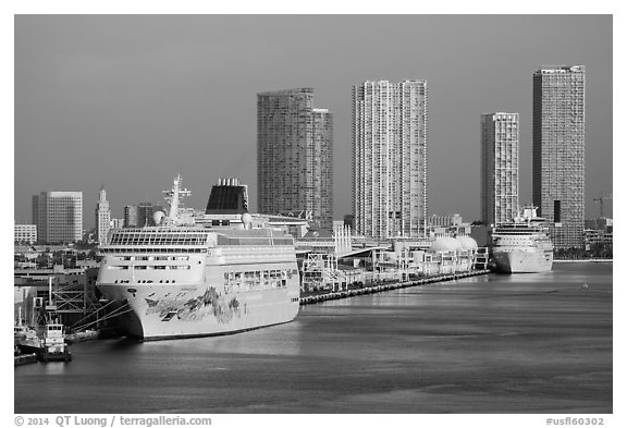 Cruise ship terminal and skyline, Port of Miami. Florida, USA (black and white)