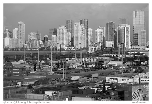 Miami Freight harbor and skyline. Florida, USA (black and white)