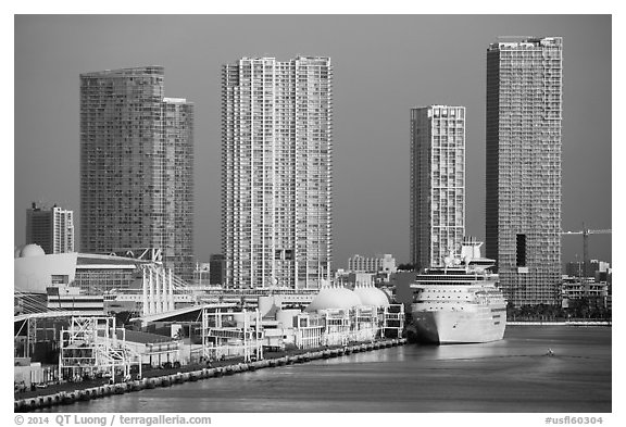Cruise ship terminal and high rise buildings, Miami. Florida, USA (black and white)