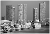 Cruise ship terminal and high rise buildings, Miami. Florida, USA ( black and white)