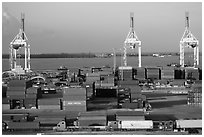 Miami Port with trucks, containers and cranes. Florida, USA ( black and white)