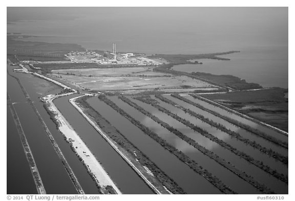 Aerial view of Turkey Point Nuclear Generating Station. Florida, USA (black and white)
