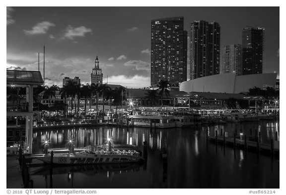 Bayside Marketplace harbor and Freedom Tower at sunset, Miami. Florida, USA (black and white)