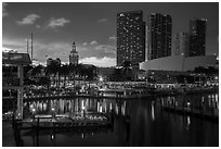 Bayside Marketplace harbor and Freedom Tower at sunset, Miami. Florida, USA ( black and white)