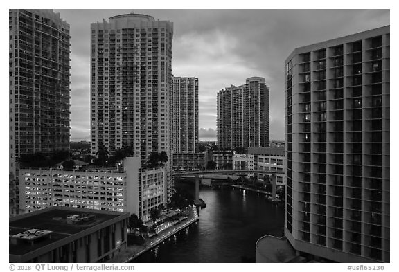 Brickell high-rise towers and Miami River at sunset, Miami. Florida, USA (black and white)