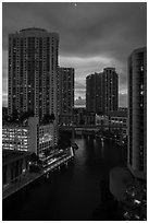 High view of Brickell towers and Miami River at sunset, Miami. Florida, USA ( black and white)