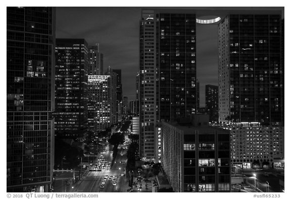 Brickell Avenue and downtown at night, Miami. Florida, USA (black and white)