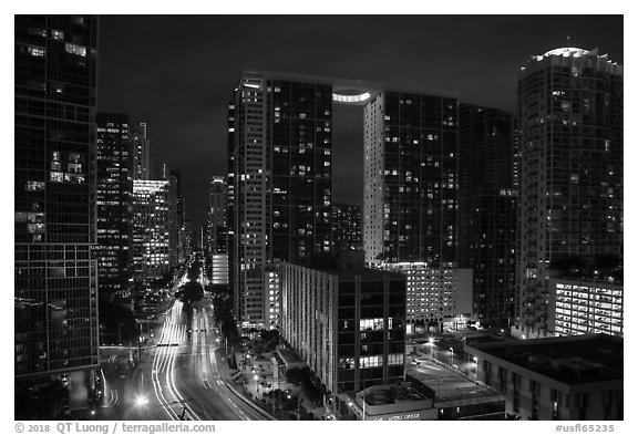 Miami downtown skyline at night from Area 31, Miami. Florida, USA (black and white)