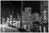 Large yacht, Miami River, and Brickell Key at night, Miami. Florida, USA ( black and white)