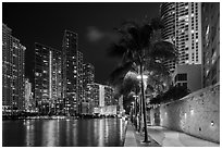 Miami Riverwalk and Miami River at night, Miami. Florida, USA ( black and white)
