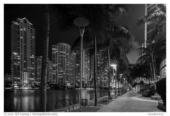 Miami Riverwalk and Miami River, Brickell district, night, Miami. Florida, USA (black and white)