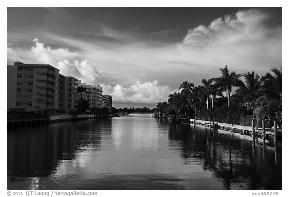 Biscayne Bay glassy arm between islands, North Beach. Florida, USA (black and white)