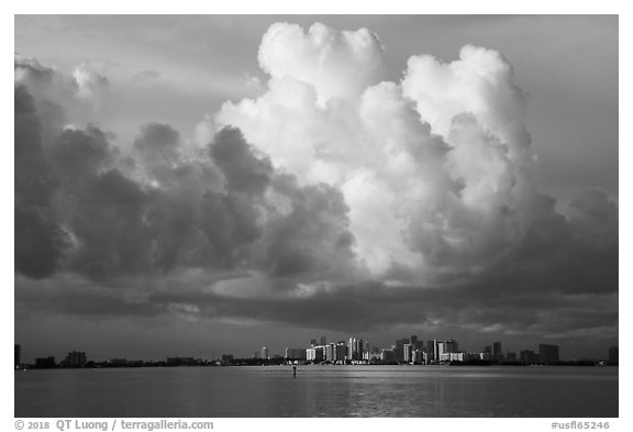 Thunderstorms clouds above skyline and Biscayne Bay. Florida, USA (black and white)