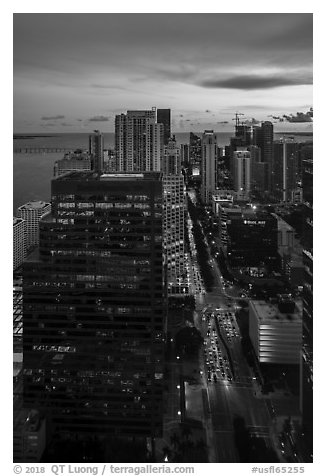 High view of Brickell district and Biscayne Bay at sunset, Miami. Florida, USA (black and white)