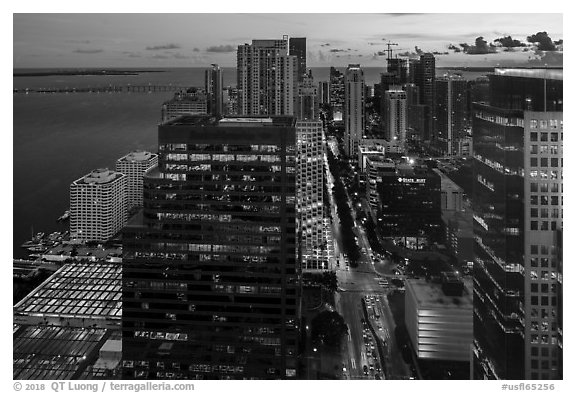 Downtown financial district and Biscayne Bay at sunset from above, Miami. Florida, USA (black and white)