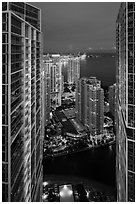 High view of Brickell Point, Brickell Key and Biscayne Bay at night, Miami. Florida, USA ( black and white)
