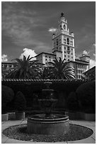 Fountain and Miami Biltmore Hotel. Coral Gables, Florida, USA ( black and white)