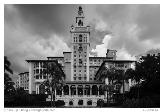 Miami Biltmore Hotel with clouds. Coral Gables, Florida, USA (black and white)