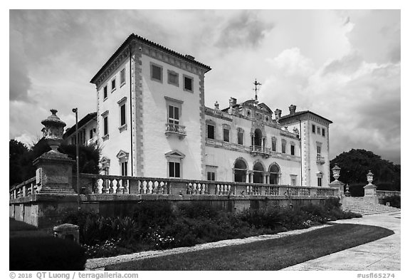 Mansion, Vizcaya Museum, Coconut Grove, Miami. Florida, USA (black and white)