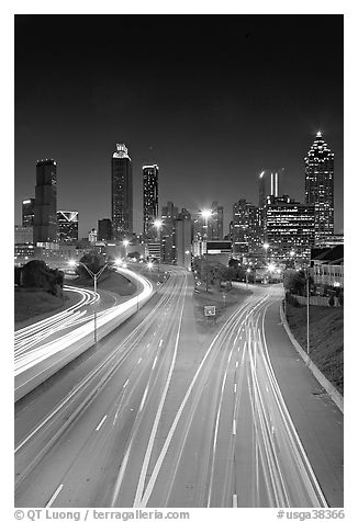 Highway and Atlanta skyline at night. Atlanta, Georgia, USA (black and white)