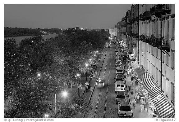 Riverside street at dusk from above. Savannah, Georgia, USA (black and white)