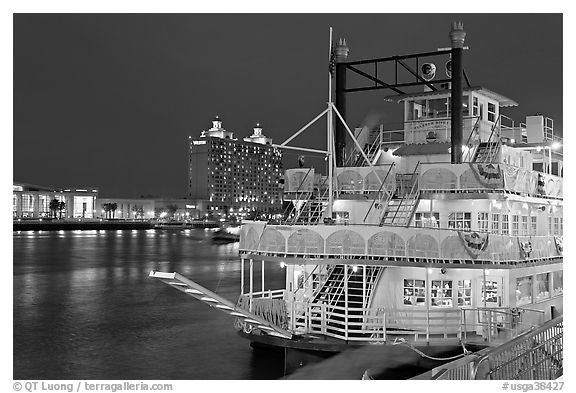 Riverboat and Savannah River at night. Savannah, Georgia, USA