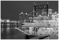 Riverboat and Savannah River at night. Savannah, Georgia, USA (black and white)
