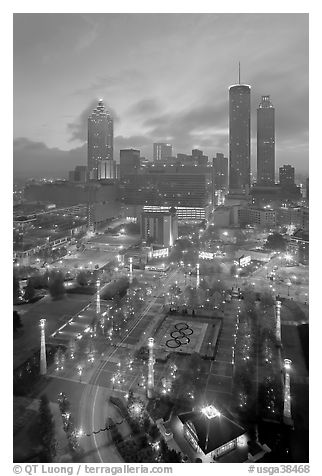 Centenial Olympic Park and skyline at dawn. Atlanta, Georgia, USA (black and white)
