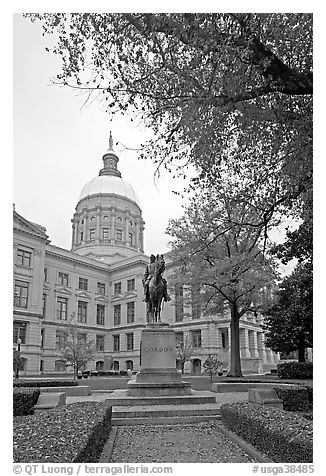 Statue and Georgia Capitol in fall. Atlanta, Georgia, USA (black and white)