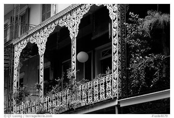 Wrought-iron laced balconies, French Quarter. New Orleans, Louisiana, USA (black and white)