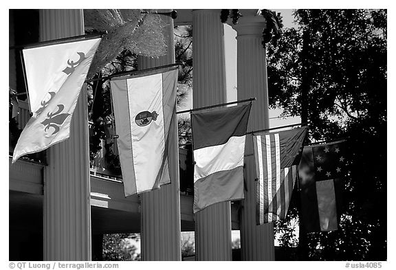 Facade with the four historic flags which have been flown over Louisiana. Louisiana, USA (black and white)