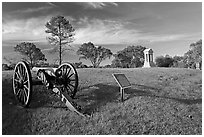 Cannon, union position marker, and monument, Vicksburg National Military Park. Vicksburg, Mississippi, USA ( black and white)